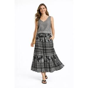 Noice Maxi Skirt M Black White Boho Tiered Cotton Norton Linen Top M